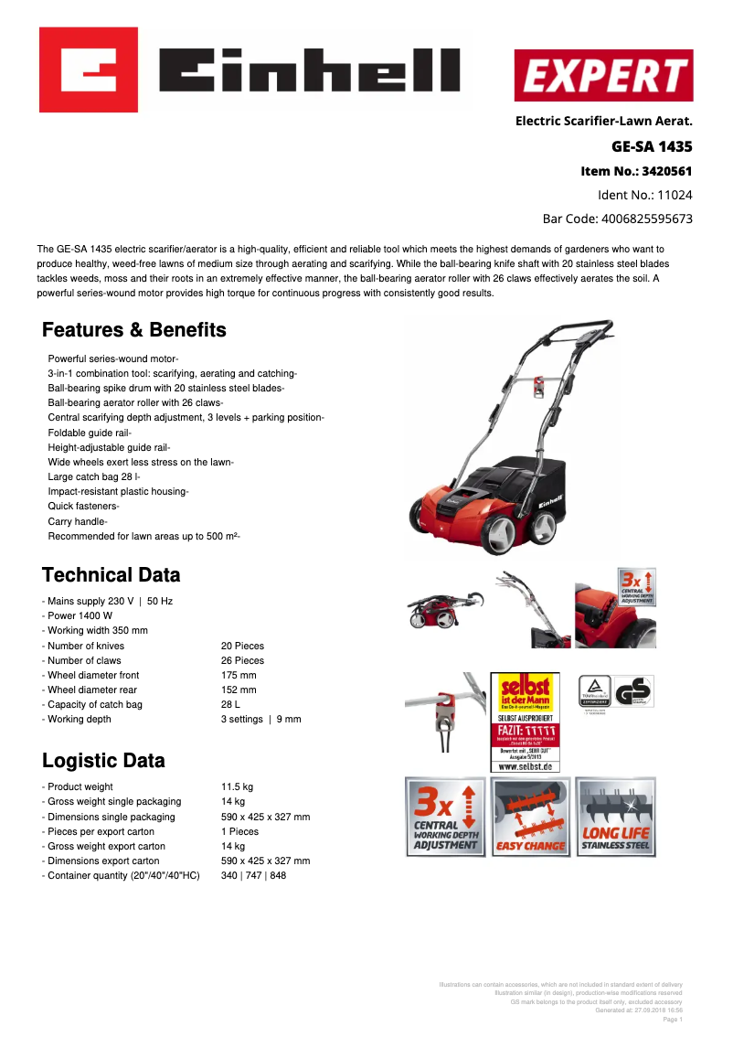 Page n°1 - Fiche technique Einhell GE-SA 1435