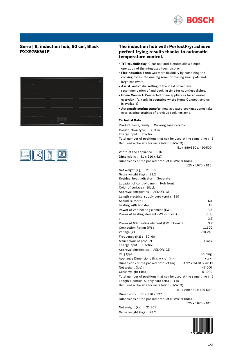 Page 1 de la notice Fiche technique Bosch PXX975KW1E