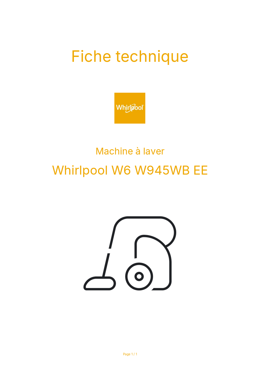 Page n°1 - Fiche technique Whirlpool W6 W945WB EE