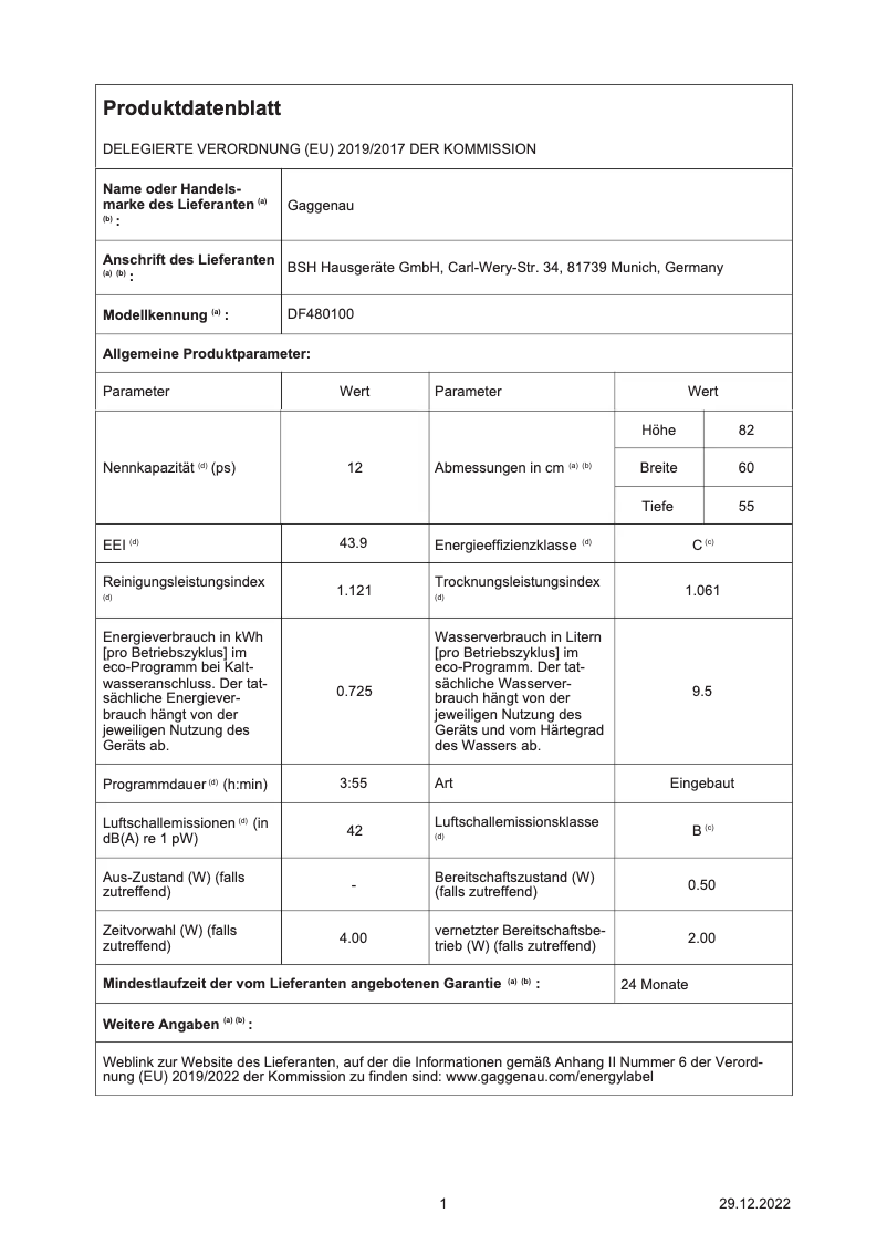 Page 1 de la notice Fiche technique Gaggenau DF480100