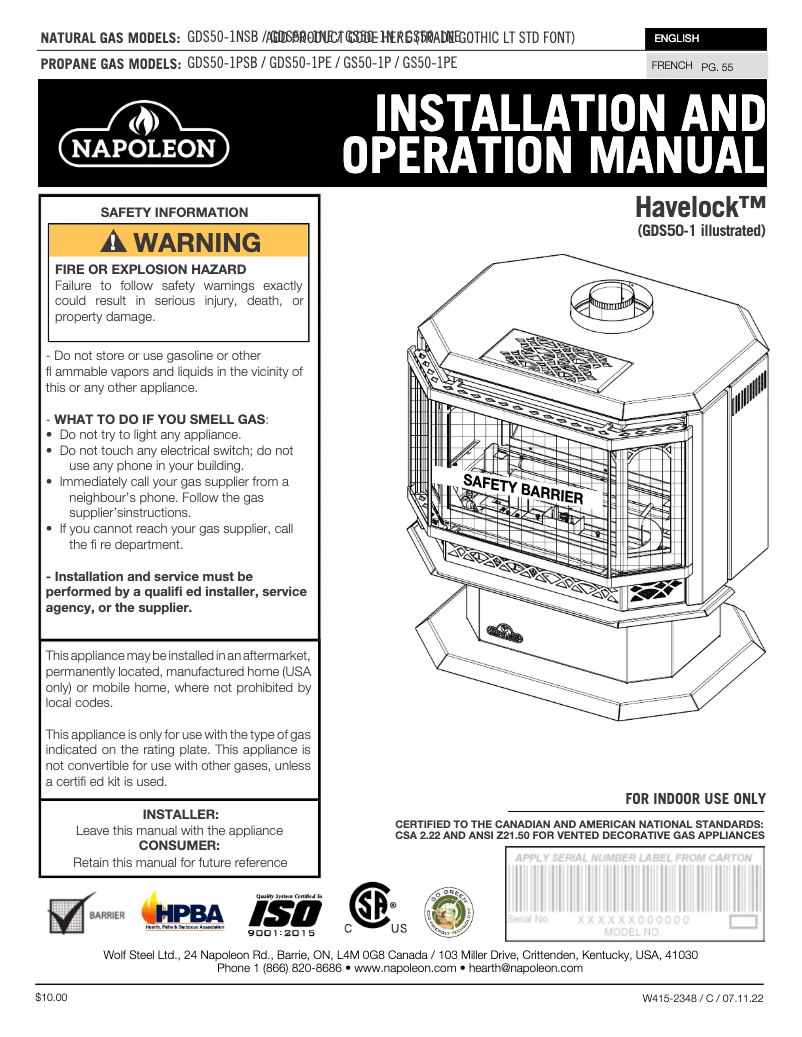 Page 1 de la notice Manuel utilisateur Napoleon Havelock GDS50