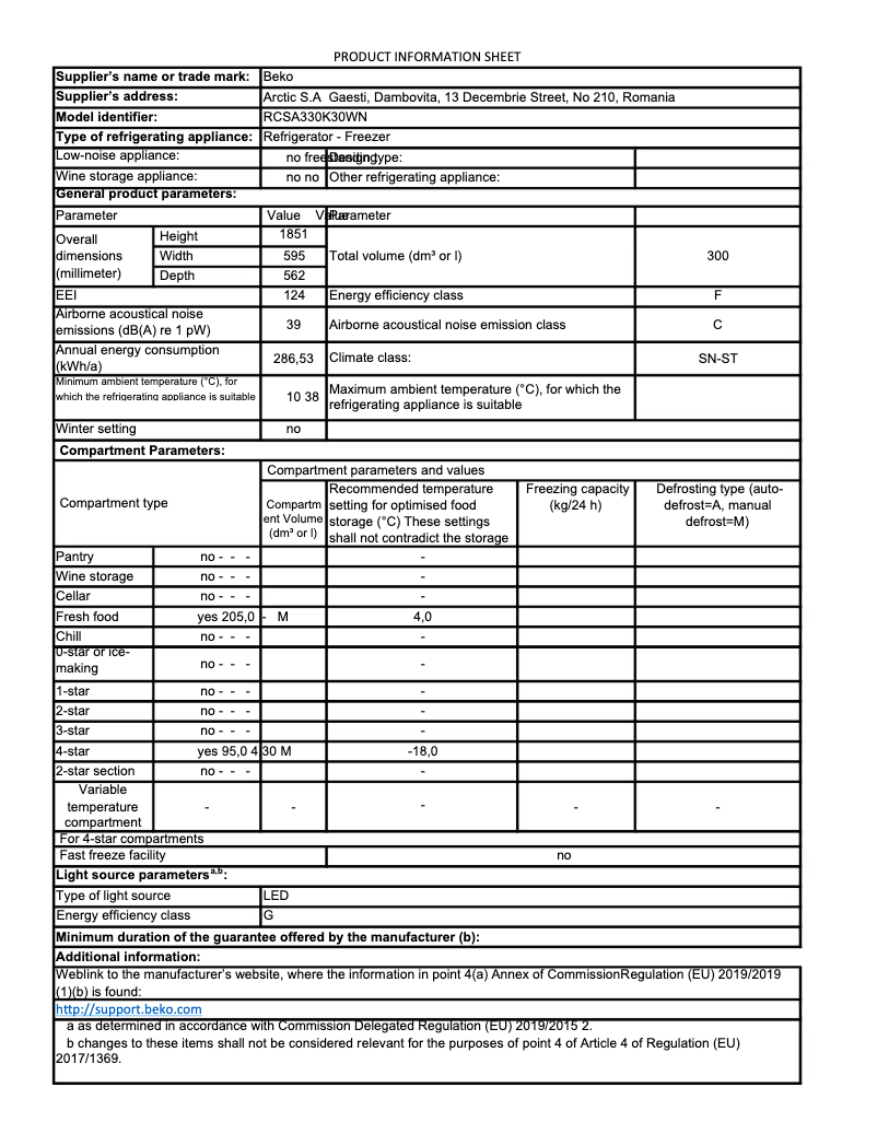 Page 1 de la notice Fiche technique Beko RCSA330K30WN