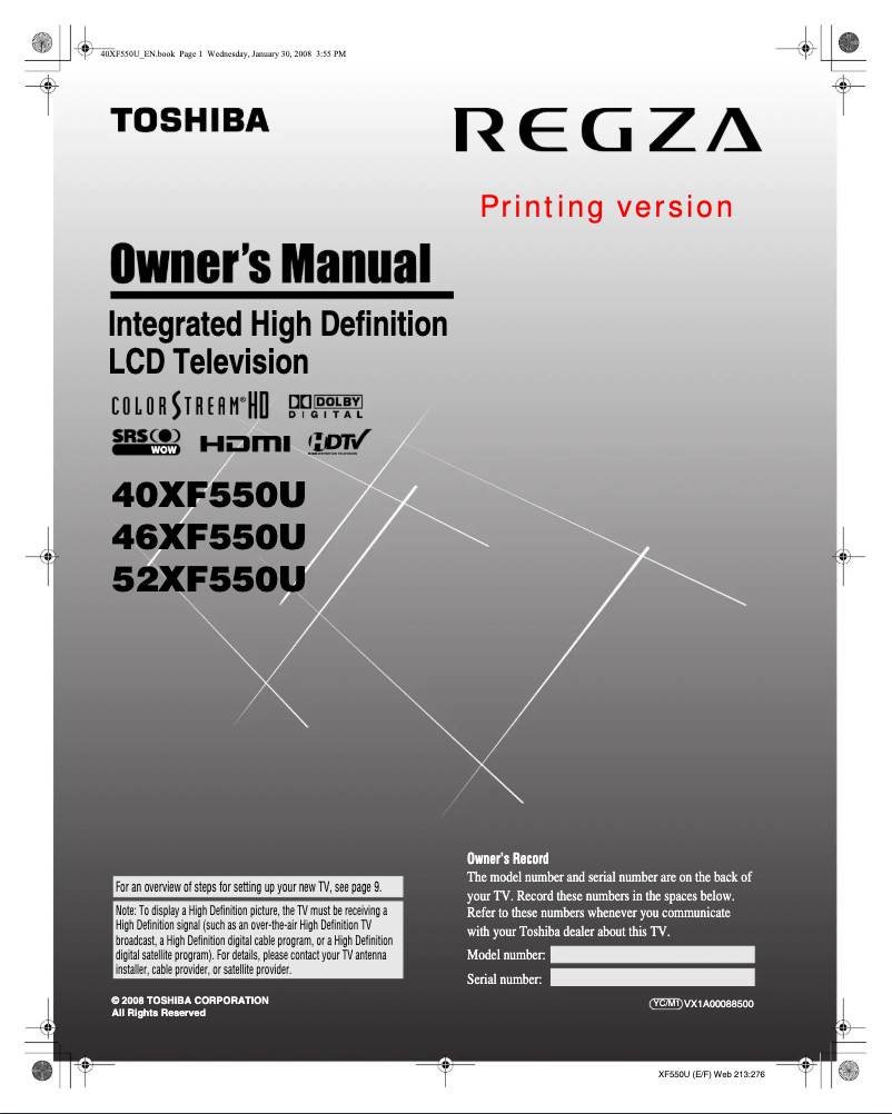 Image de la première page du manuel de l'appareil Regza 46XF550U