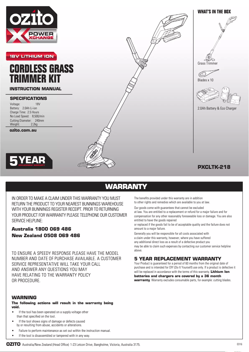 Page n°1 - Mode d'emploi Ozito PXCLTK-218