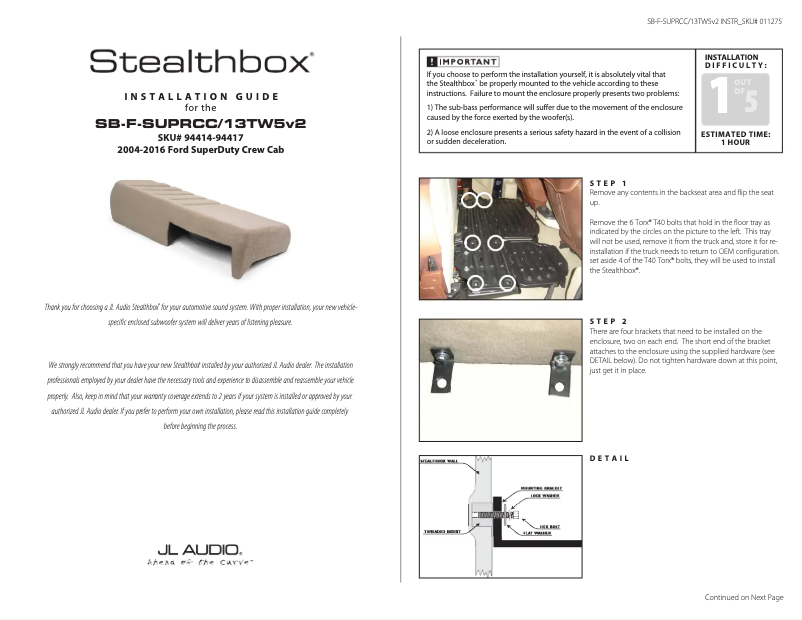 Page n°1 - Manuel utilisateur JL Audio Stealthbox SB-F-SUPRCC/13TW5v2/BK