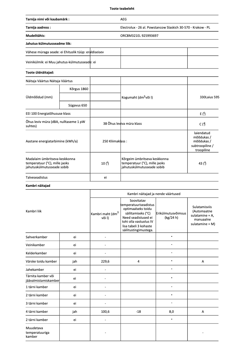 Page 1 de la notice Fiche technique AEG ORC8M321EL