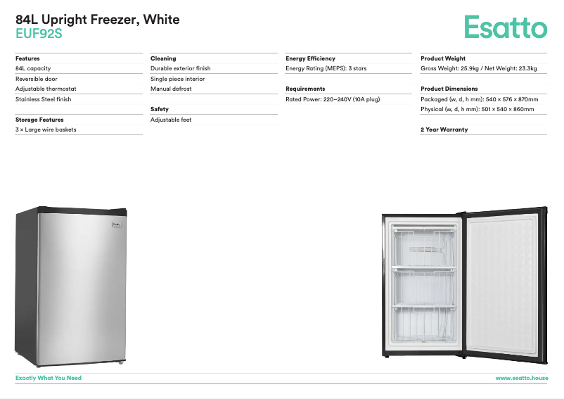 Page 1 de la notice Fiche technique Esatto EUF92S