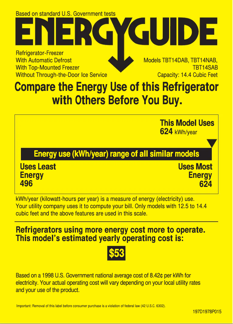 Page n°1 - Label énergétique GE TBT14SABWW