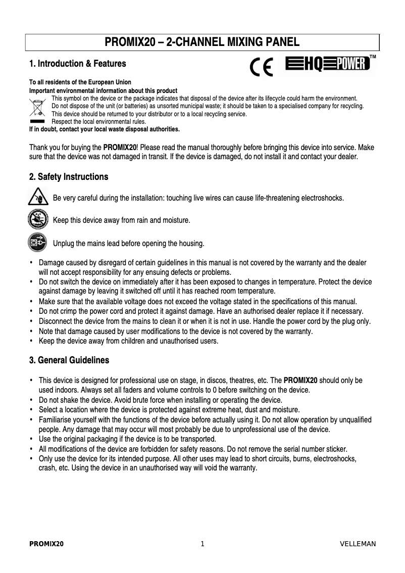 Page 1 de la notice Manuel utilisateur HQ Power PROMIX20