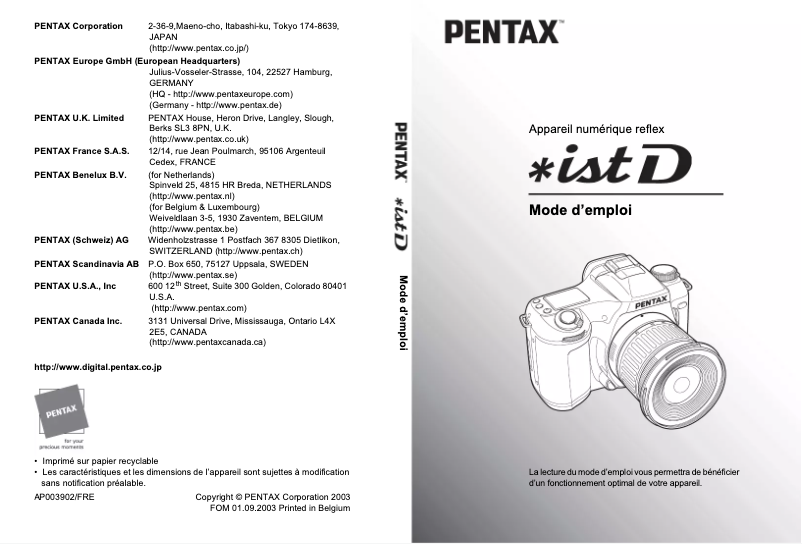 Page n°1 - Manuel utilisateur Pentax istD