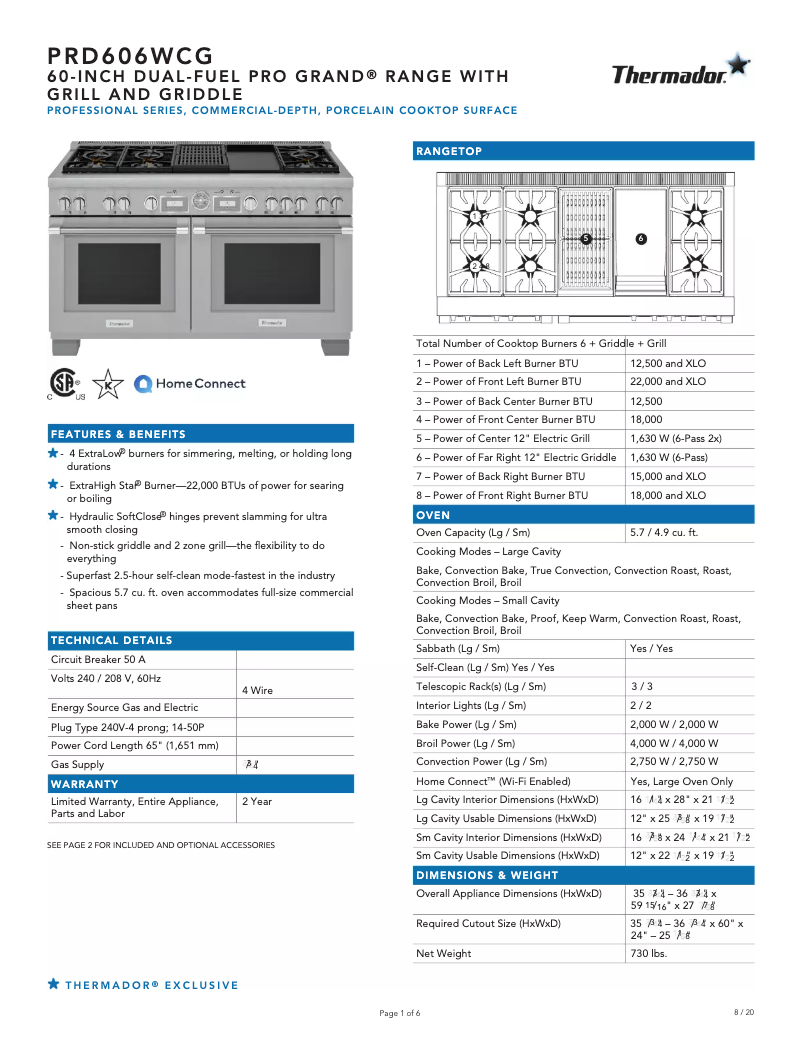 Page 1 de la notice Fiche technique Thermador PRD606WCG