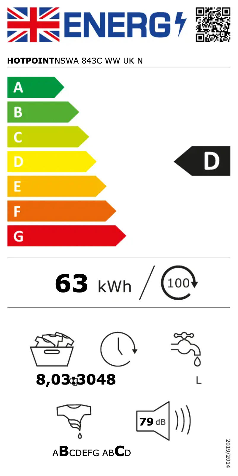 Page 1 de la notice Label énergétique Hotpoint NSWA 843C WW UK N