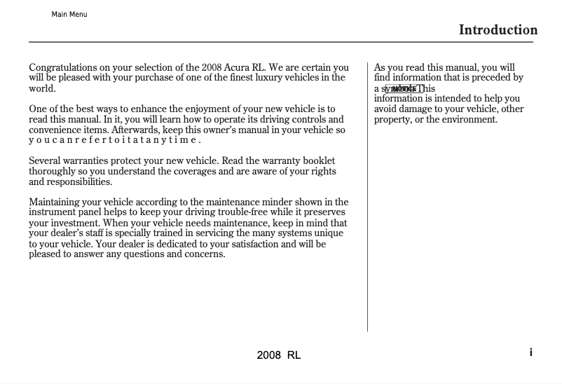 Page 1 de la notice Manuel utilisateur Acura RL (2008)