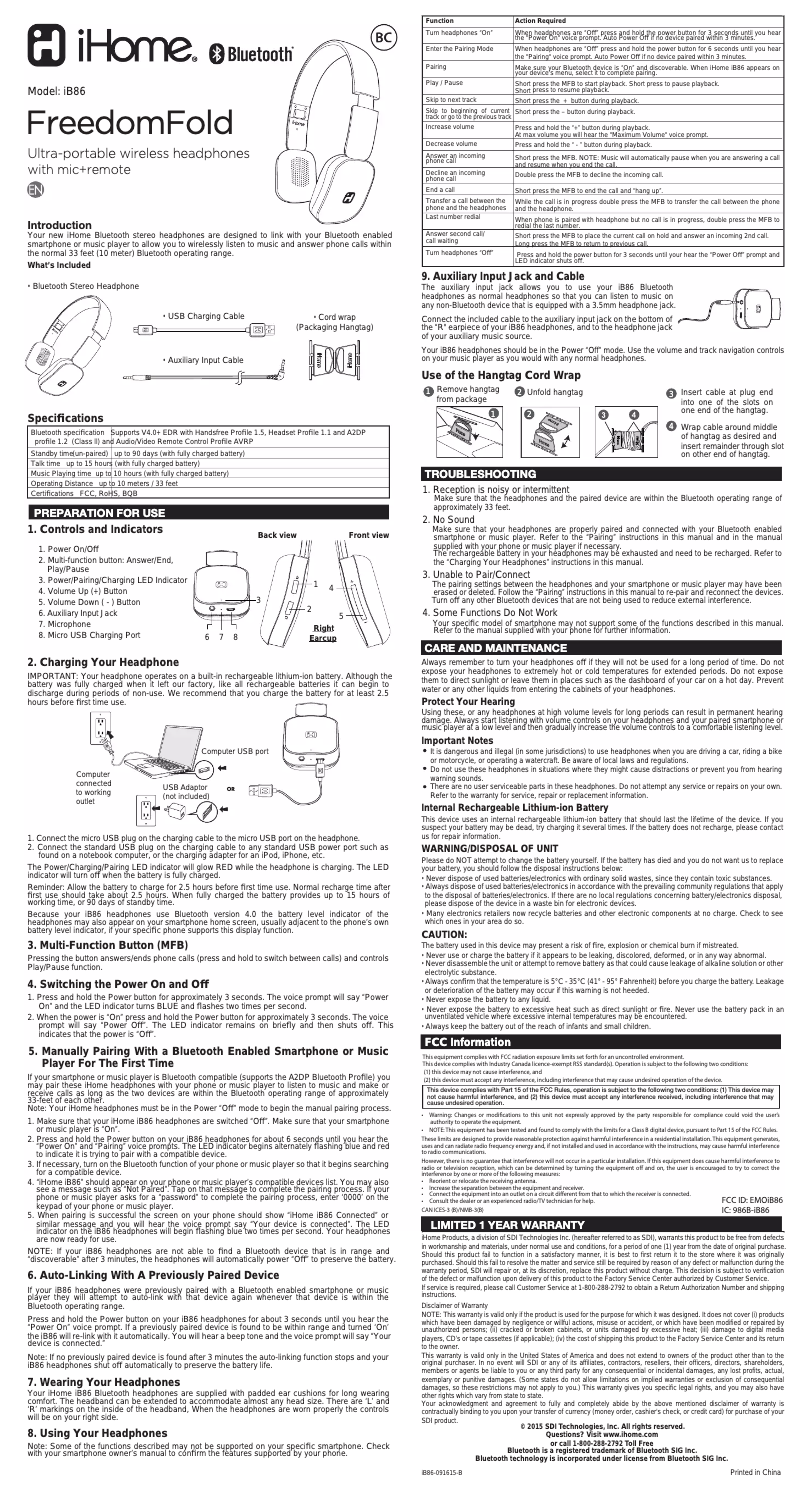 Page n°1 - Manuel utilisateur iHome iB86
