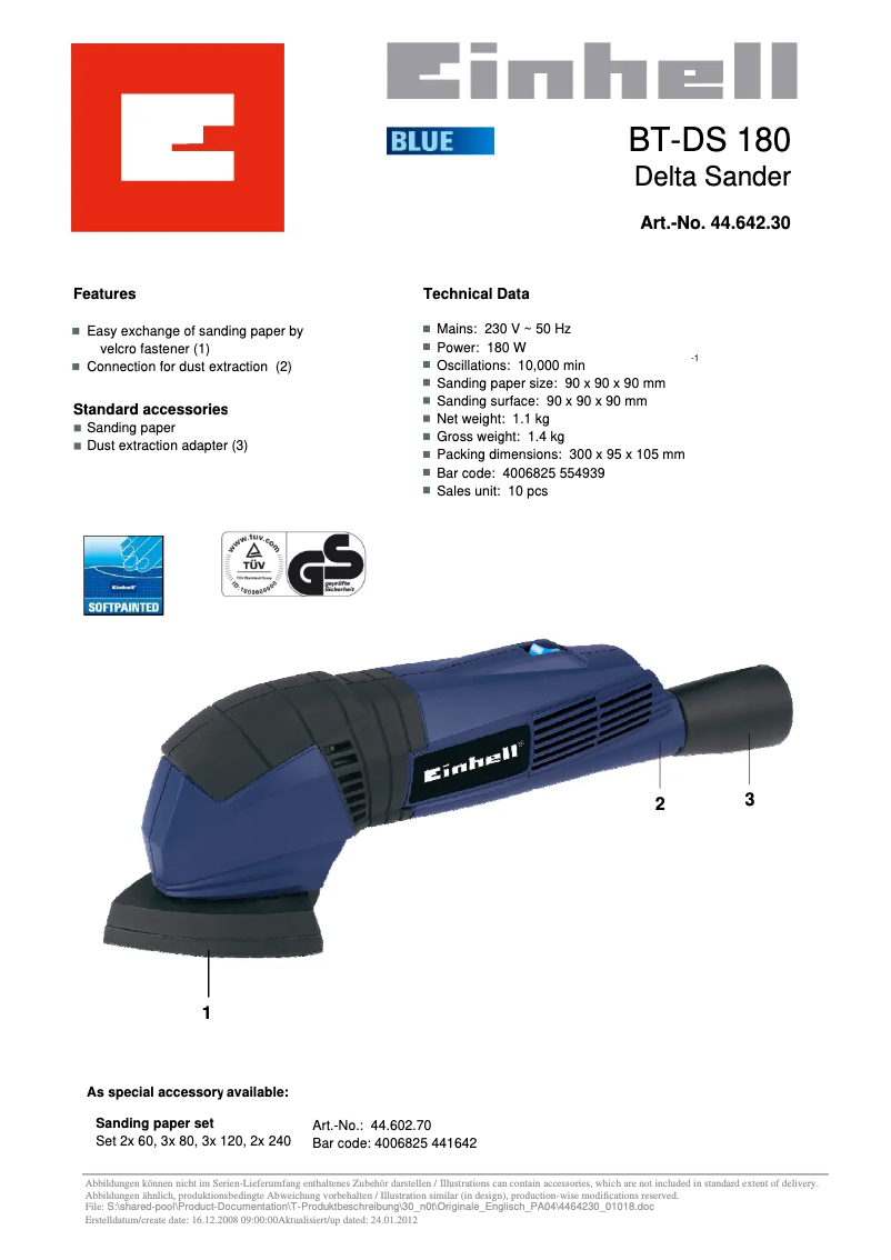Page 1 de la notice Fiche technique Einhell BT-DS 180
