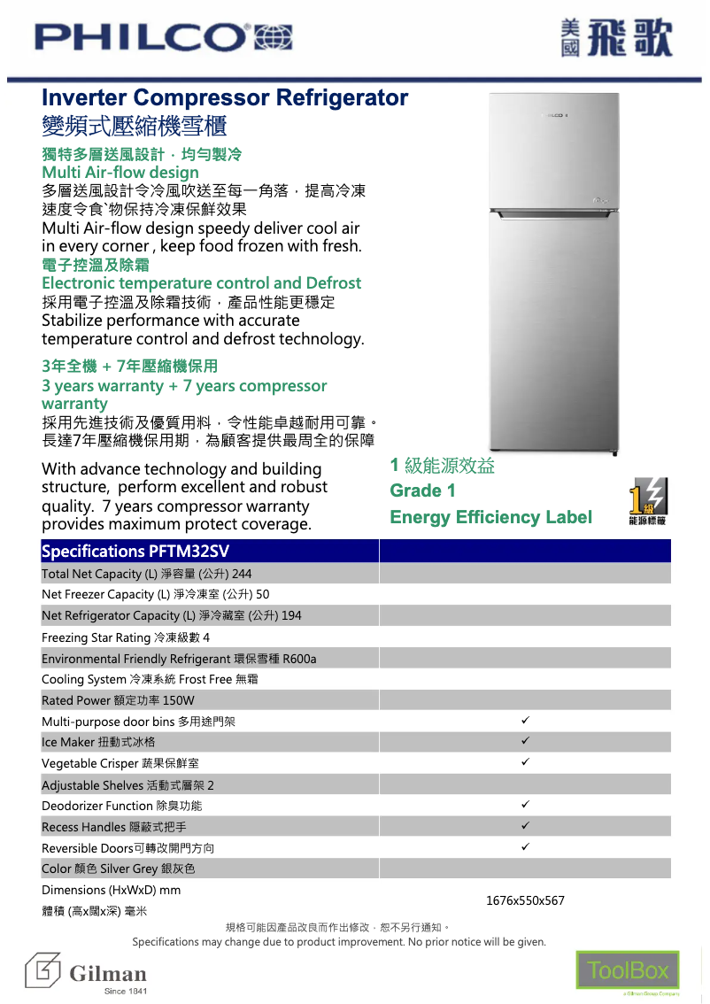 Page 1 de la notice Catalogue Philco PFTM32SV