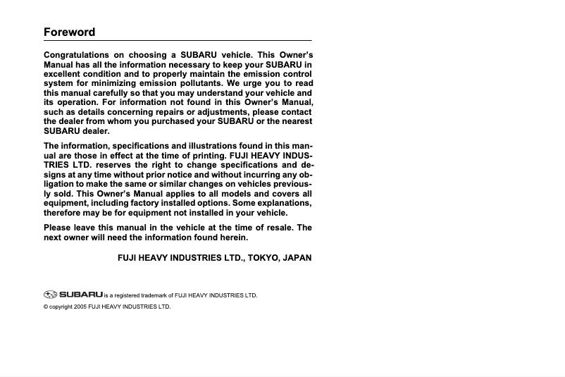 Page 1 de la notice Manuel utilisateur Subaru Tribeca (2006)