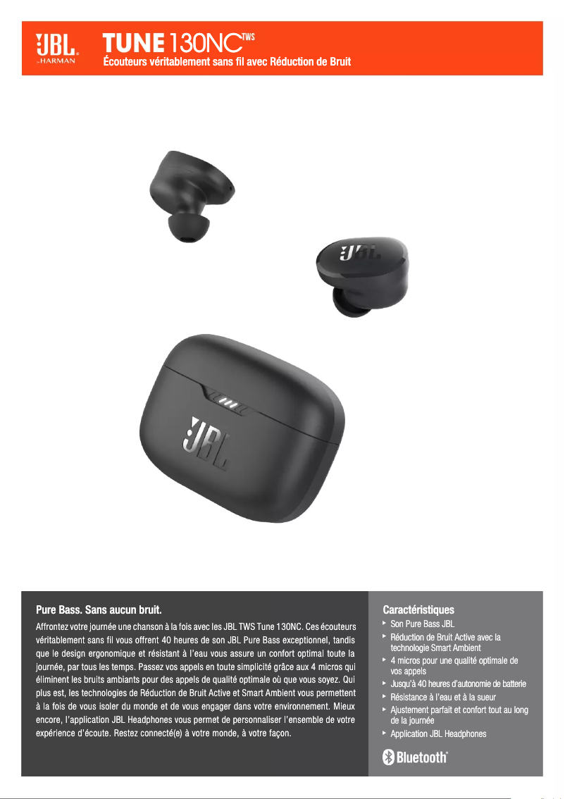 Page 1 de la notice Fiche technique JBL Tune 130NC TWS