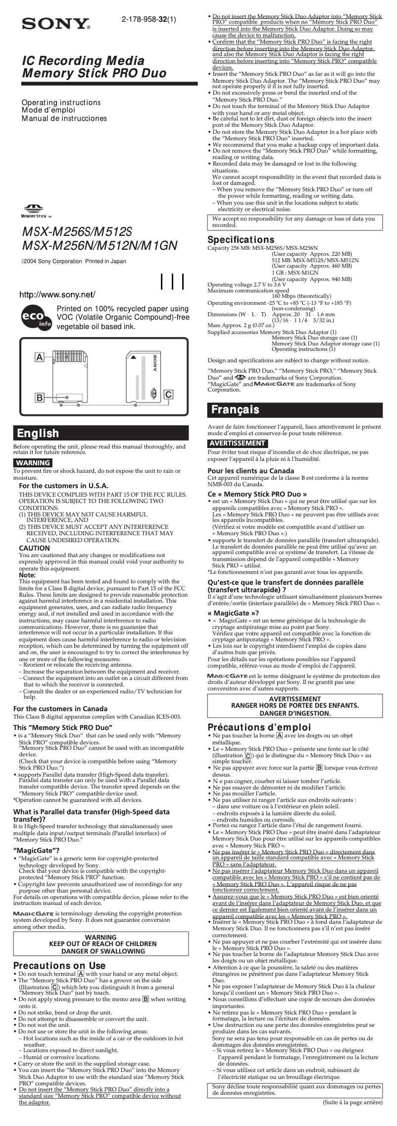 Page 1 de la notice Manuel utilisateur Sony MSX-M256N