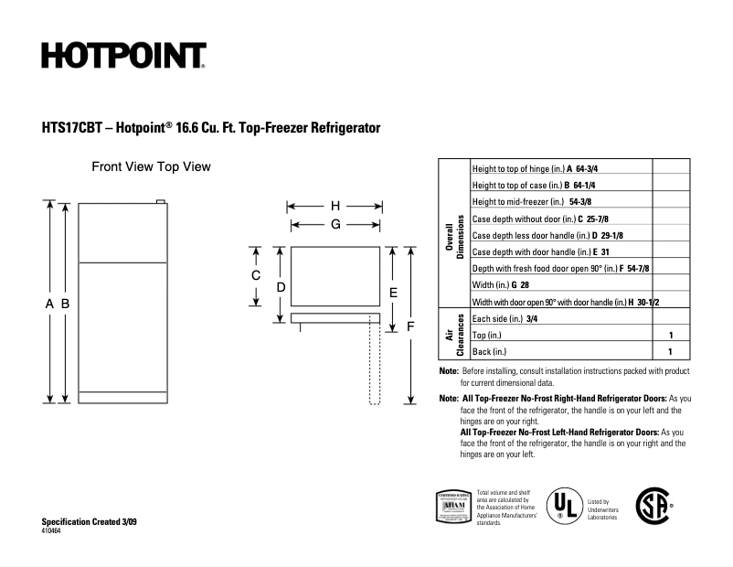 Page 1 de la notice Fiche technique Hotpoint HTS17CBTWW