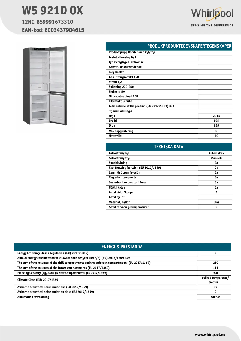 Page n°1 - Fiche technique Whirlpool W5 921D OX
