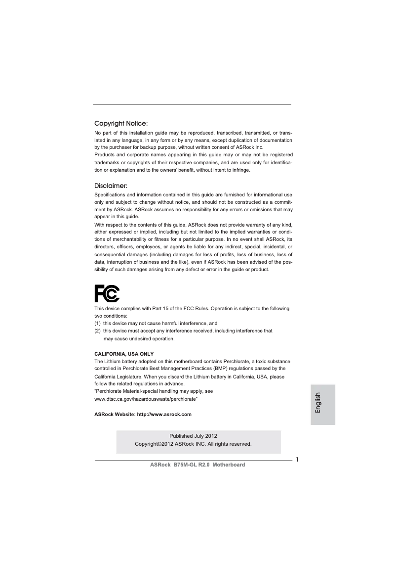 Page n°1 - Manuel utilisateur Asrock B75M-GL R2.0
