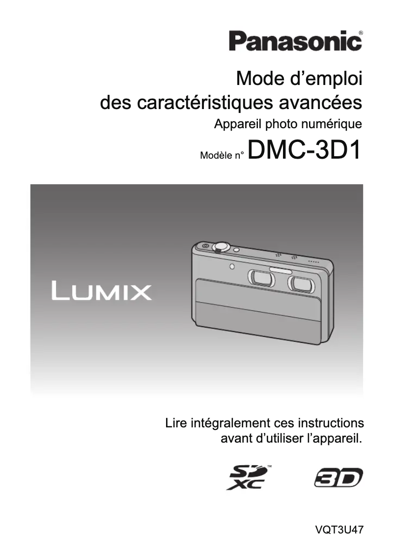 Page 1 de la notice Manuel utilisateur Panasonic Lumix DMC-3D1E