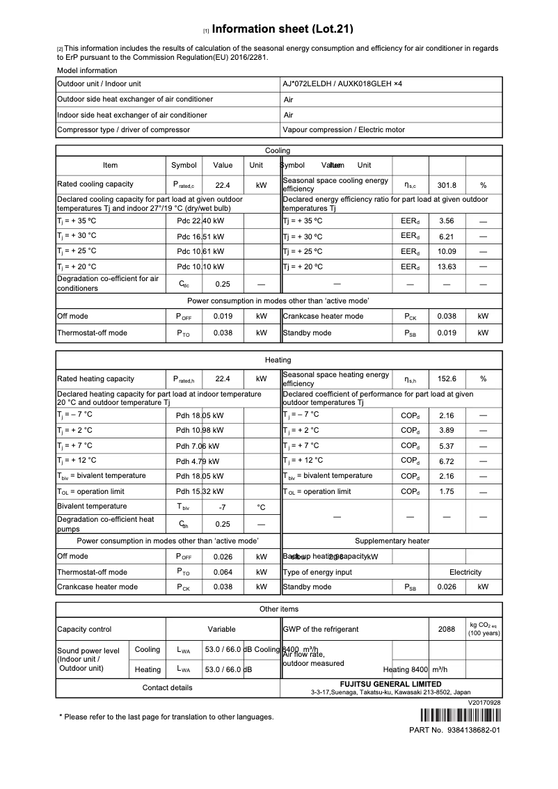 Page 1 de la notice Fiche technique Fujitsu Airstage AJH072LELDH