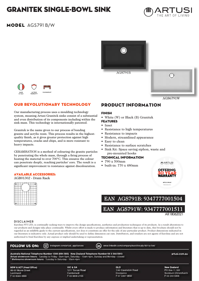 Page 1 de la notice Fiche technique Artusi AGS791W