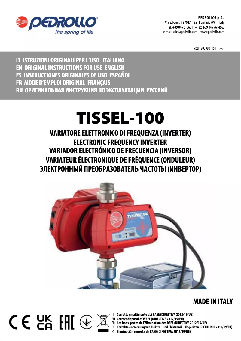 Page 1 de la notice Manuel utilisateur Pedrollo TISSEL-100