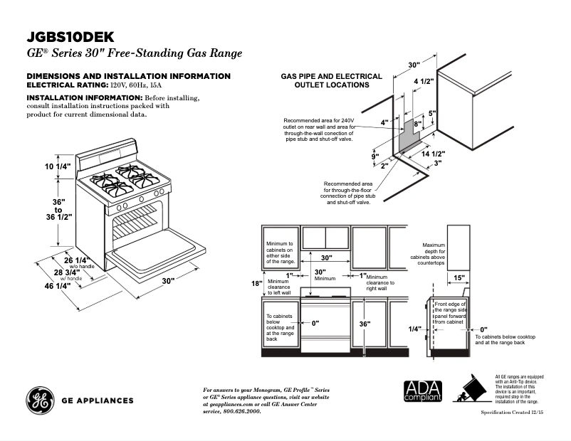 Page 1 de la notice Fiche technique GE JGBS10DEKWW