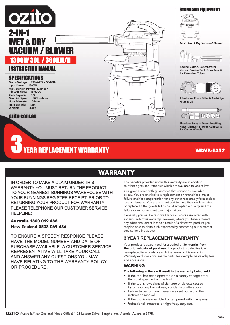 Page 1 de la notice Manuel utilisateur Ozito WDVB-1312