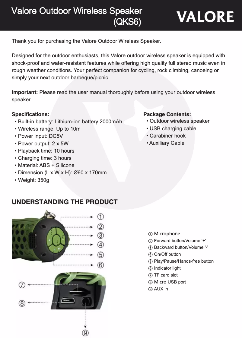 Page 1 de la notice Manuel utilisateur Valore QKS6