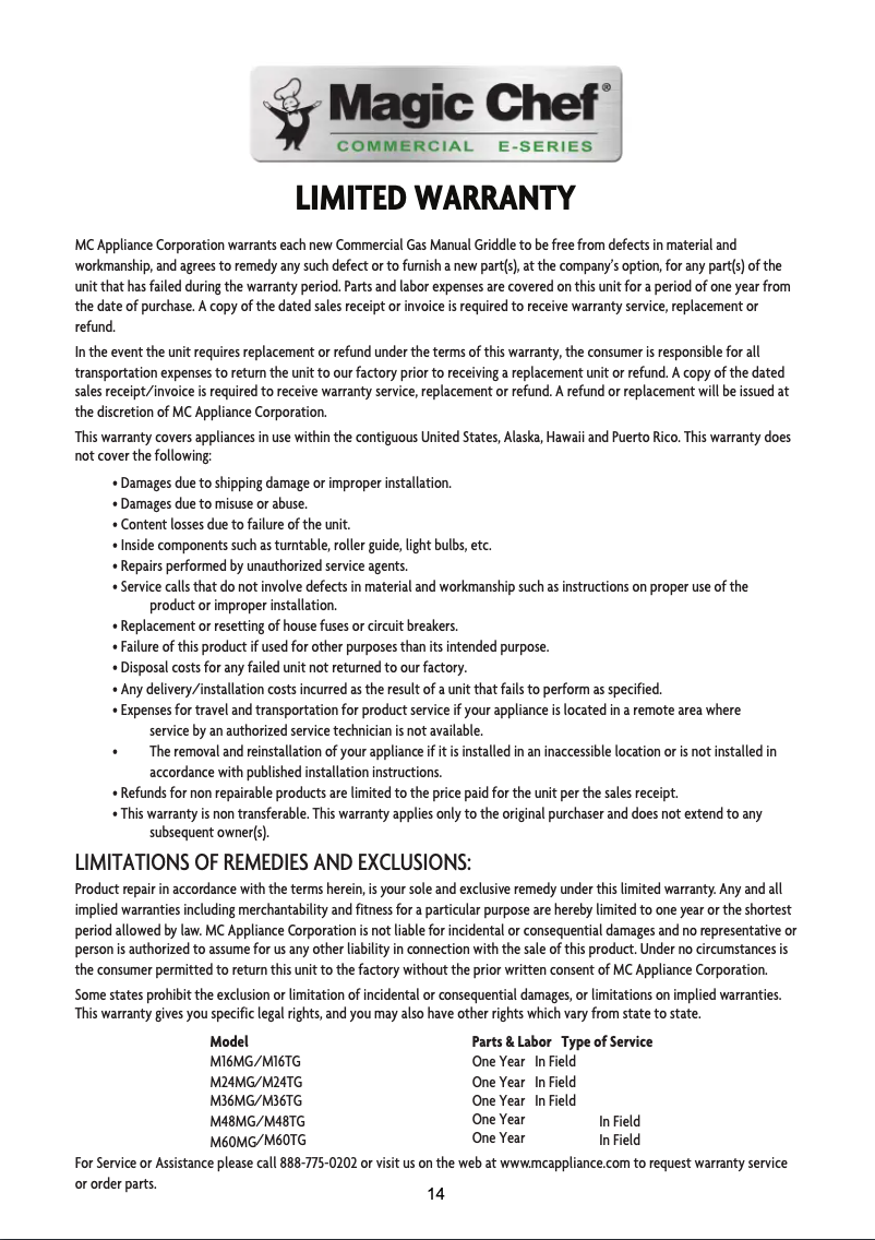 Page 1 de la notice Informations de garantie Magic Chef M16MG