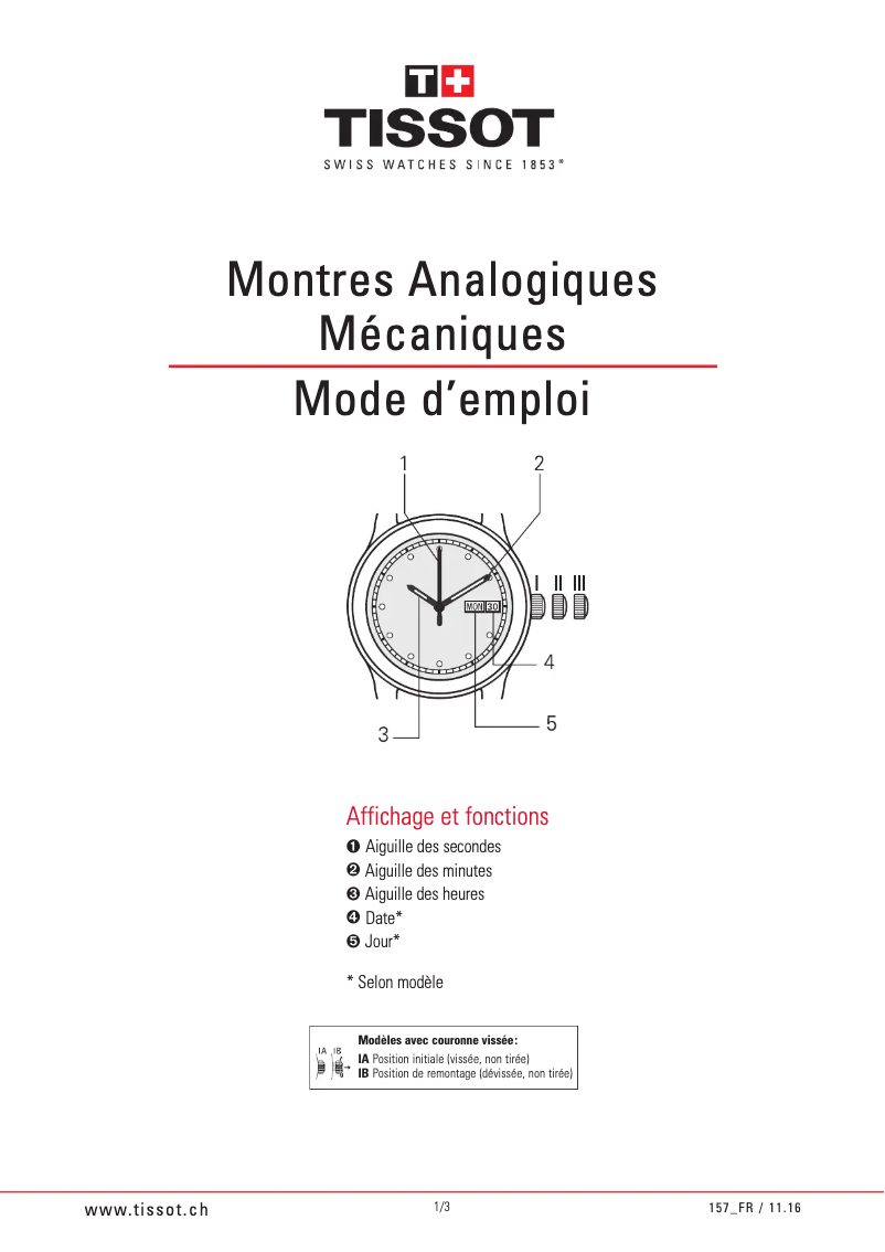 Page n°1 - Manuel utilisateur Tissot PRS 516 Automatic Small Second