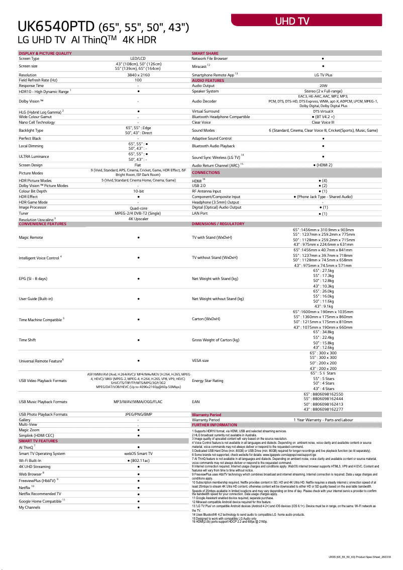 Page 1 de la notice Fiche technique LG 50UK6540PTD