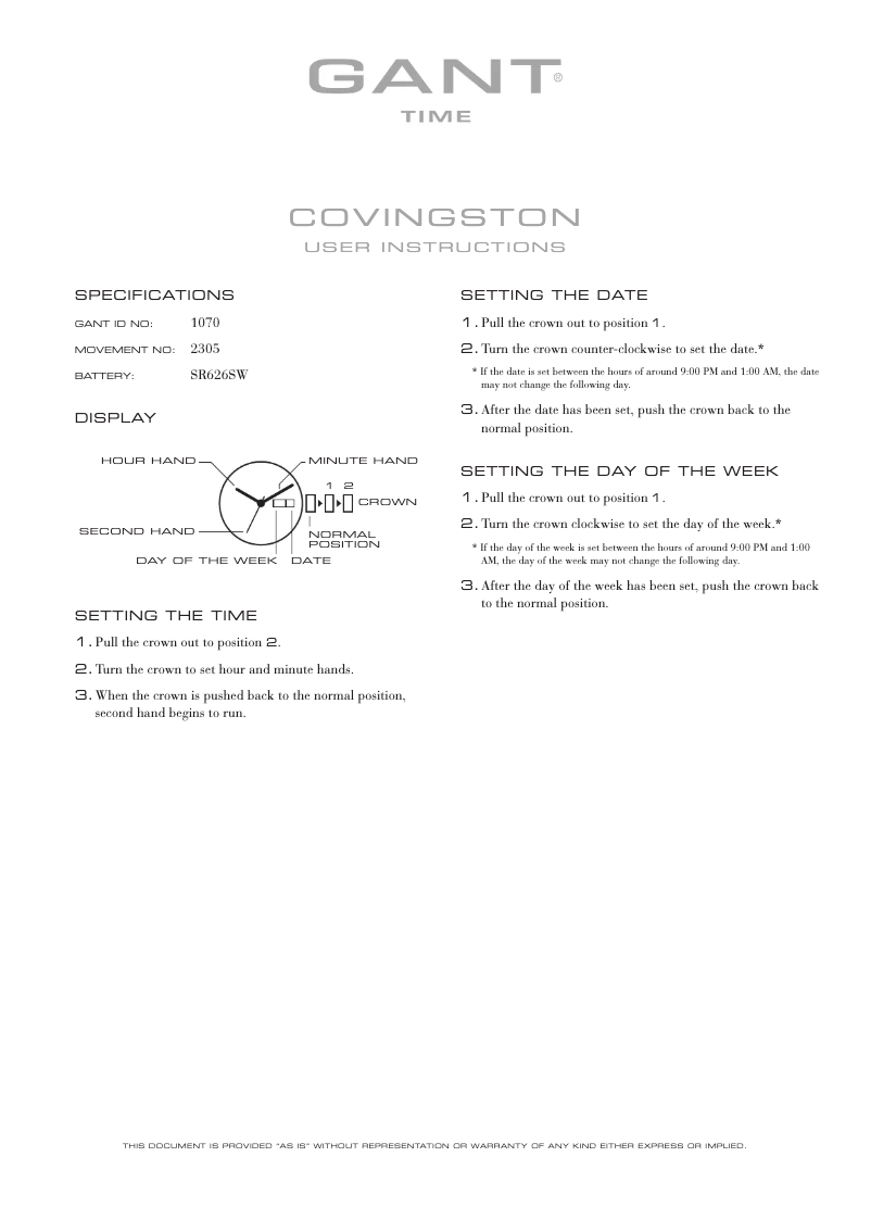 Page n°1 - Manuel utilisateur Gant Covingston 1070