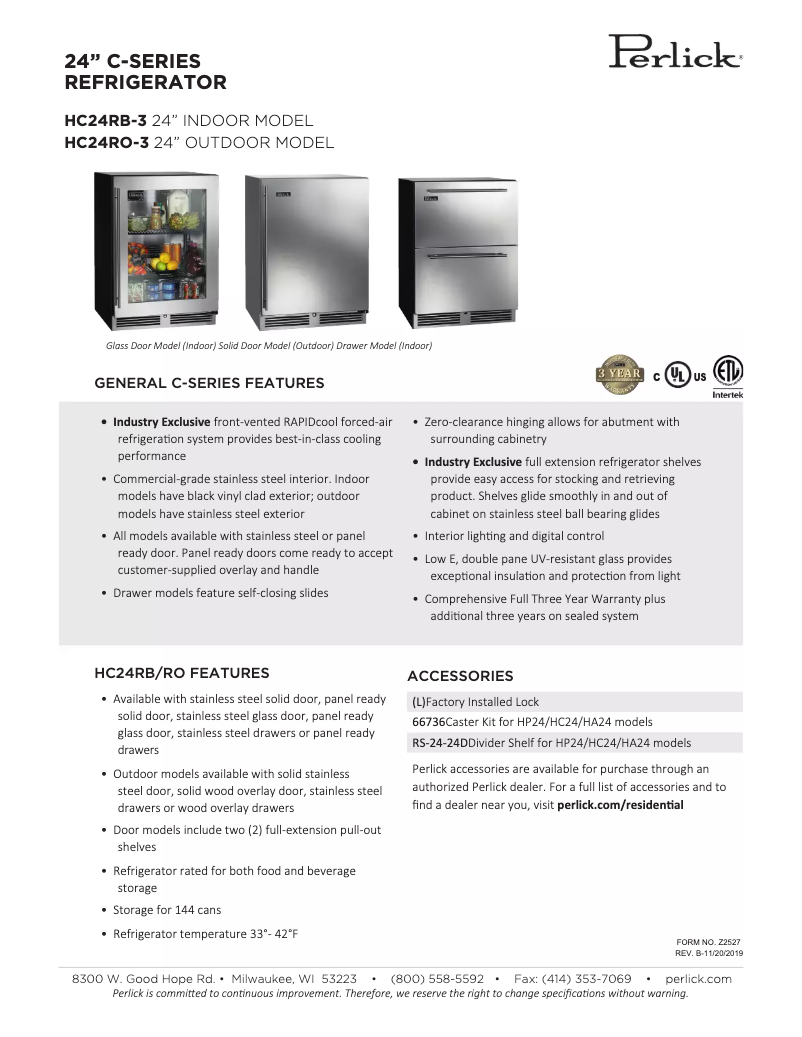 Page n°1 - Fiche technique Perlick C-Series HC24RO-3-1R
