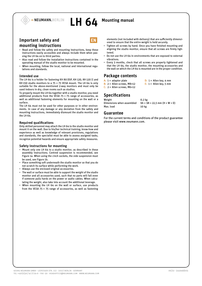 Imagen de la primera página del manual del dispositivo LH 64