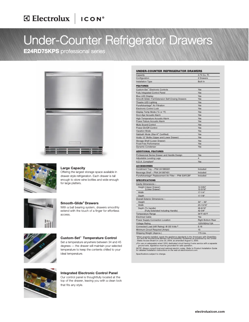 Page 1 de la notice Fiche technique Electrolux E24RD75KPS