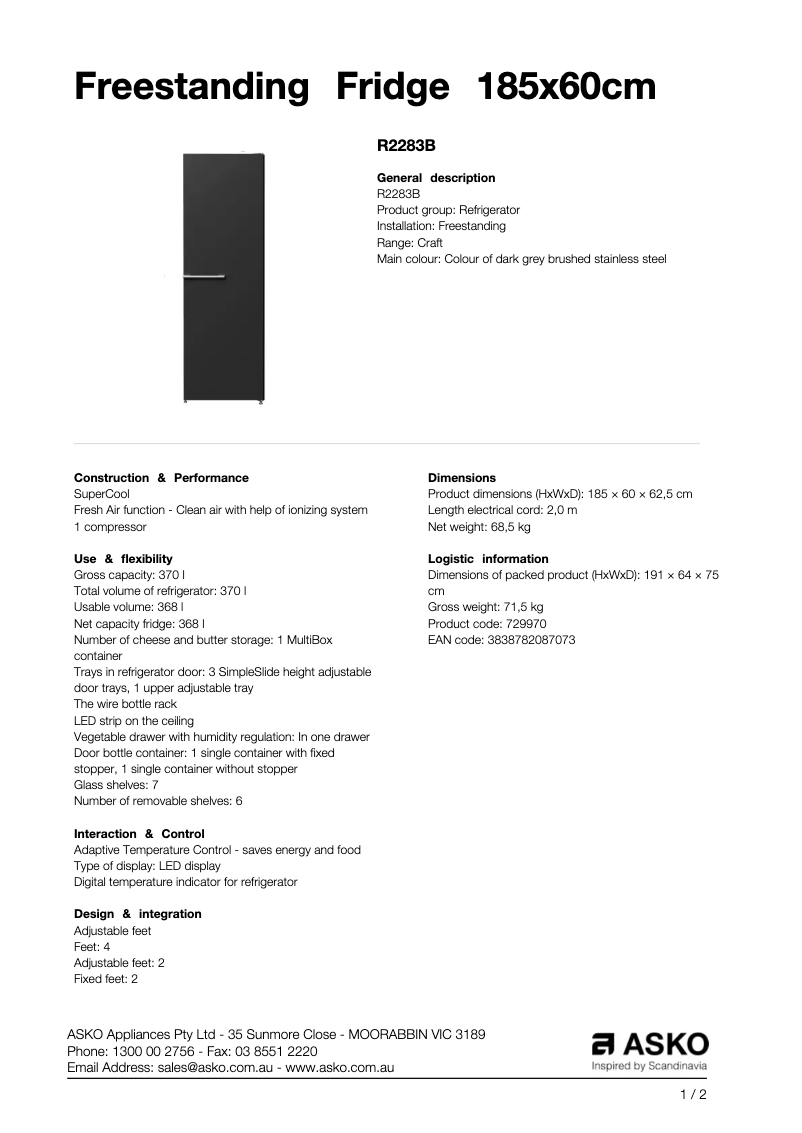 Page 1 de la notice Fiche technique Asko R2283B