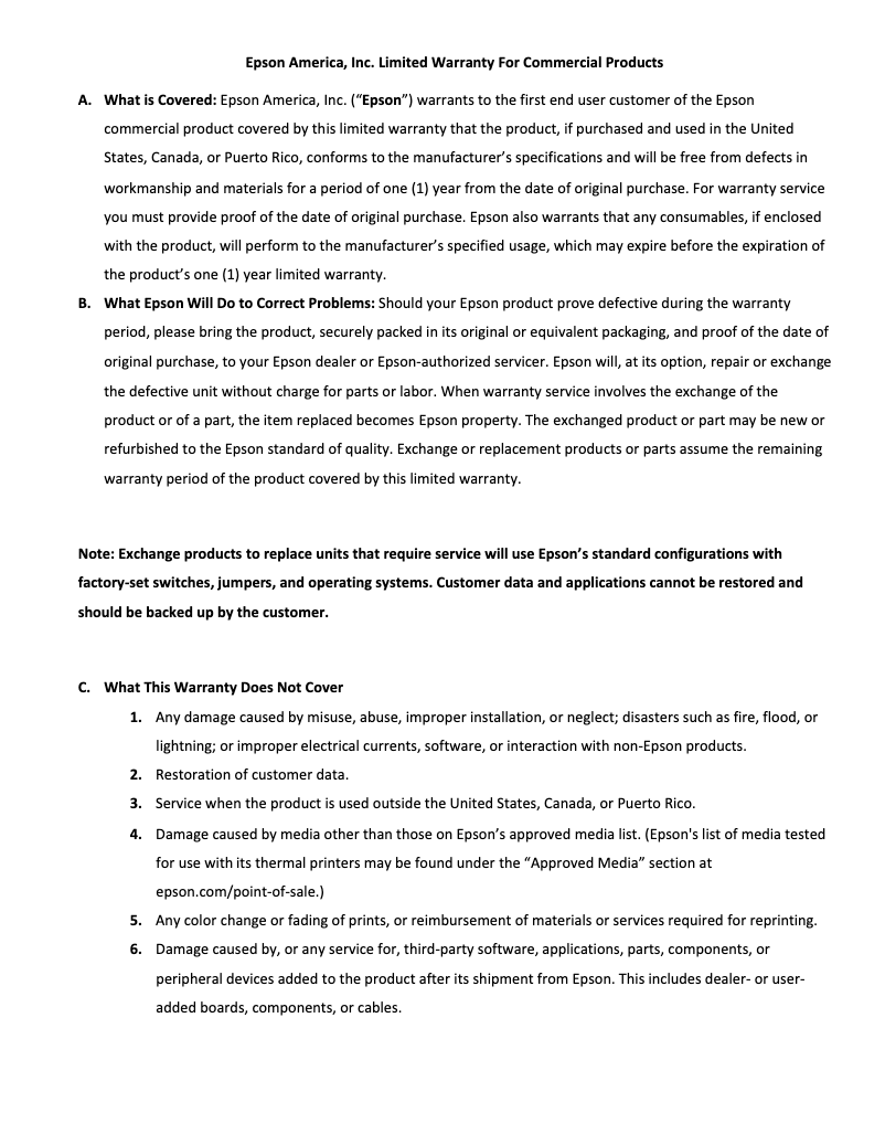 Page 1 de la notice Informations de garantie Epson Mobilink TM-P80II Plus