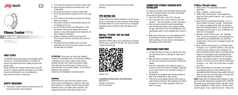 Page 1 de la notice Manuel utilisateur Jay-Tech Fitness Tracker FTY18