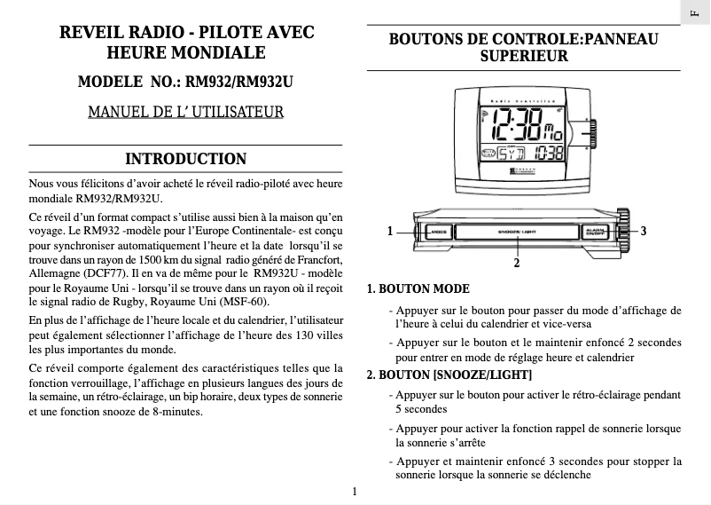 Page 1 de la notice Manuel utilisateur Oregon Scientific RM932