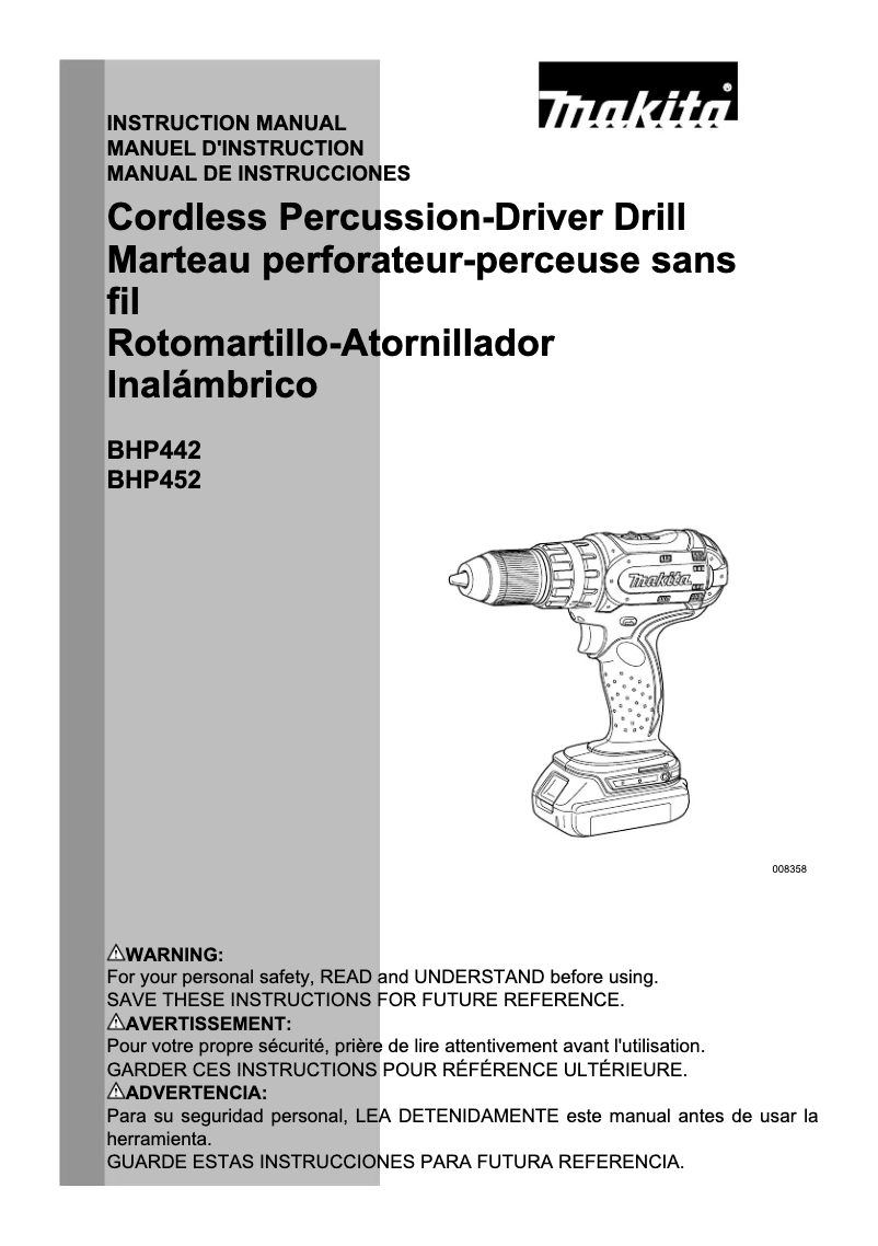 Page n°1 - Manuel d'utilisation et d'entretien Makita BHP452