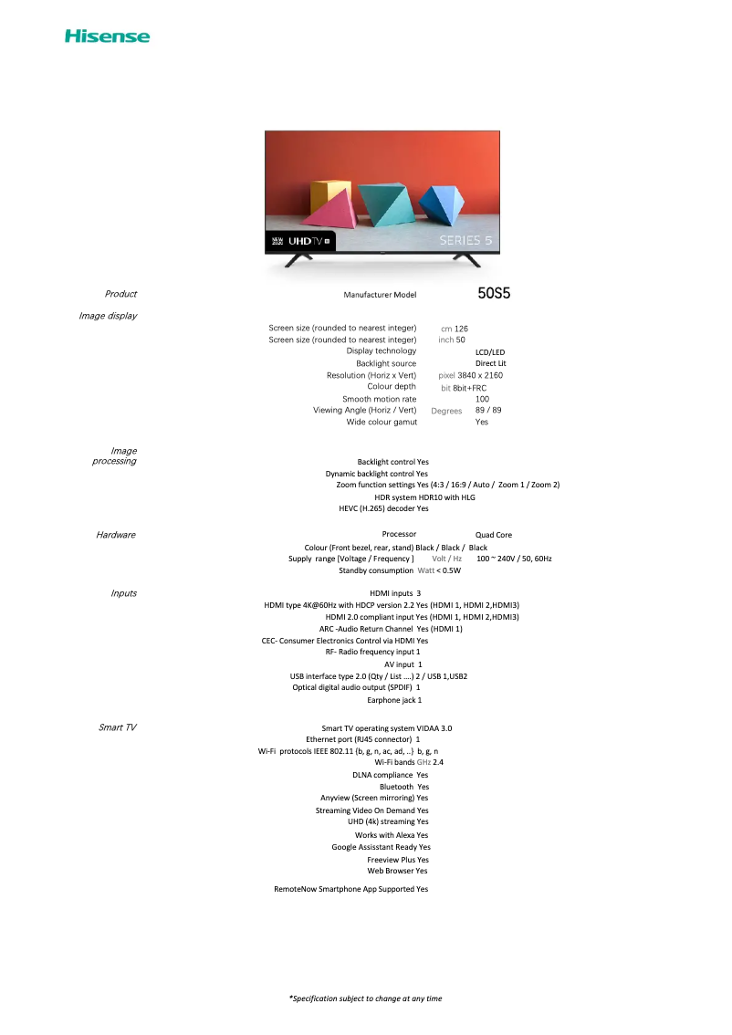 Page 1 de la notice Fiche technique Hisense 50S5