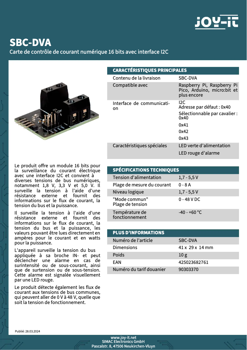 Page 1 de la notice Fiche technique Joy-It SBC-DVA