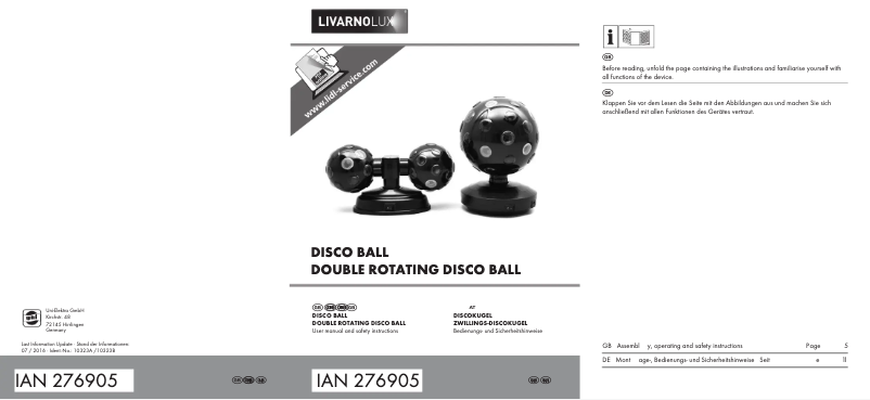 Page 1 de la notice Manuel utilisateur Livarno Lux IAN 276905