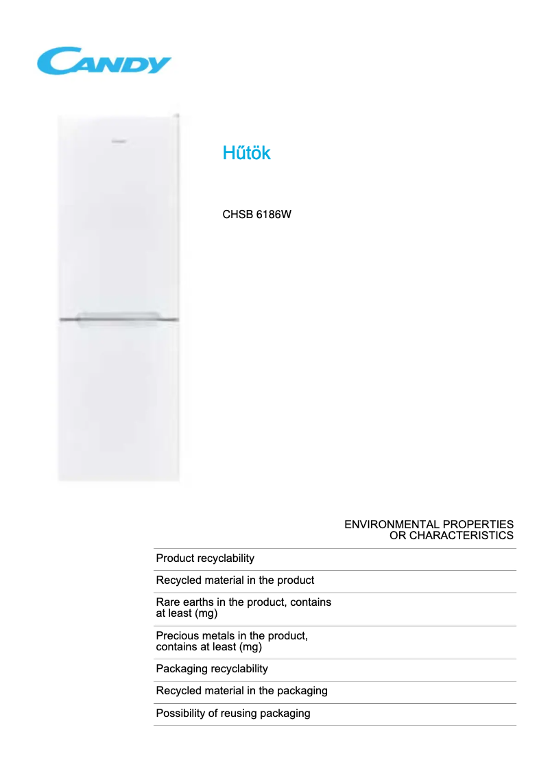 Page 1 de la notice Fiche technique Candy CHSB 6186W