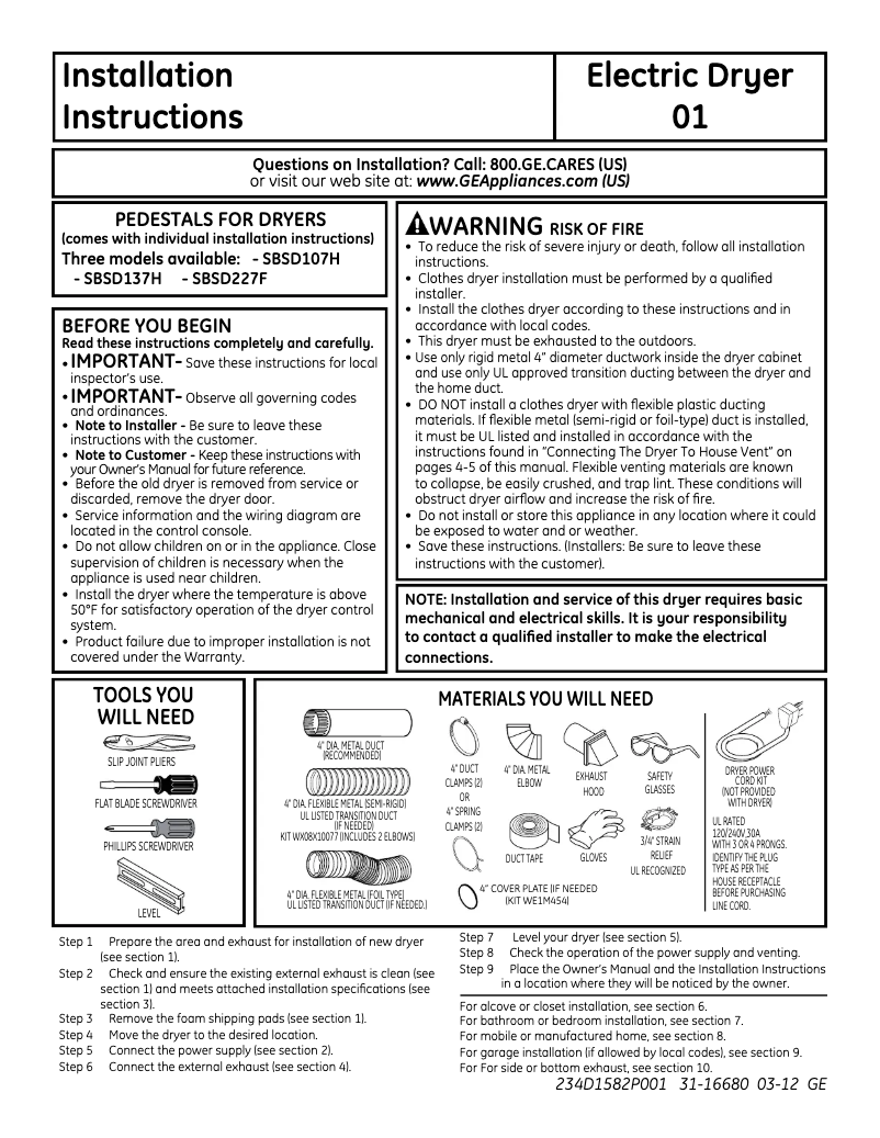 Page n°1 - Guide d'installation GE DCVH680EJWW